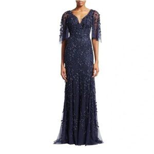Theia Flutter Sleeve V-Neck Beaded Gown - Midnight Blue - Size 04